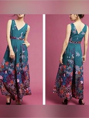 Maeve by Anthropology Teal Wide-Leg Jumpsuit (purple belt not included)